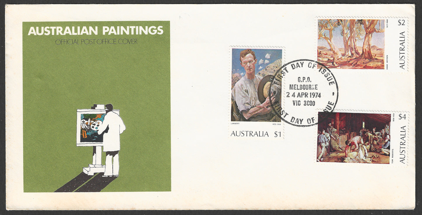 Australia stamps FDC - Paintings Complete set of 3 High Values, 1974 - GGG00710