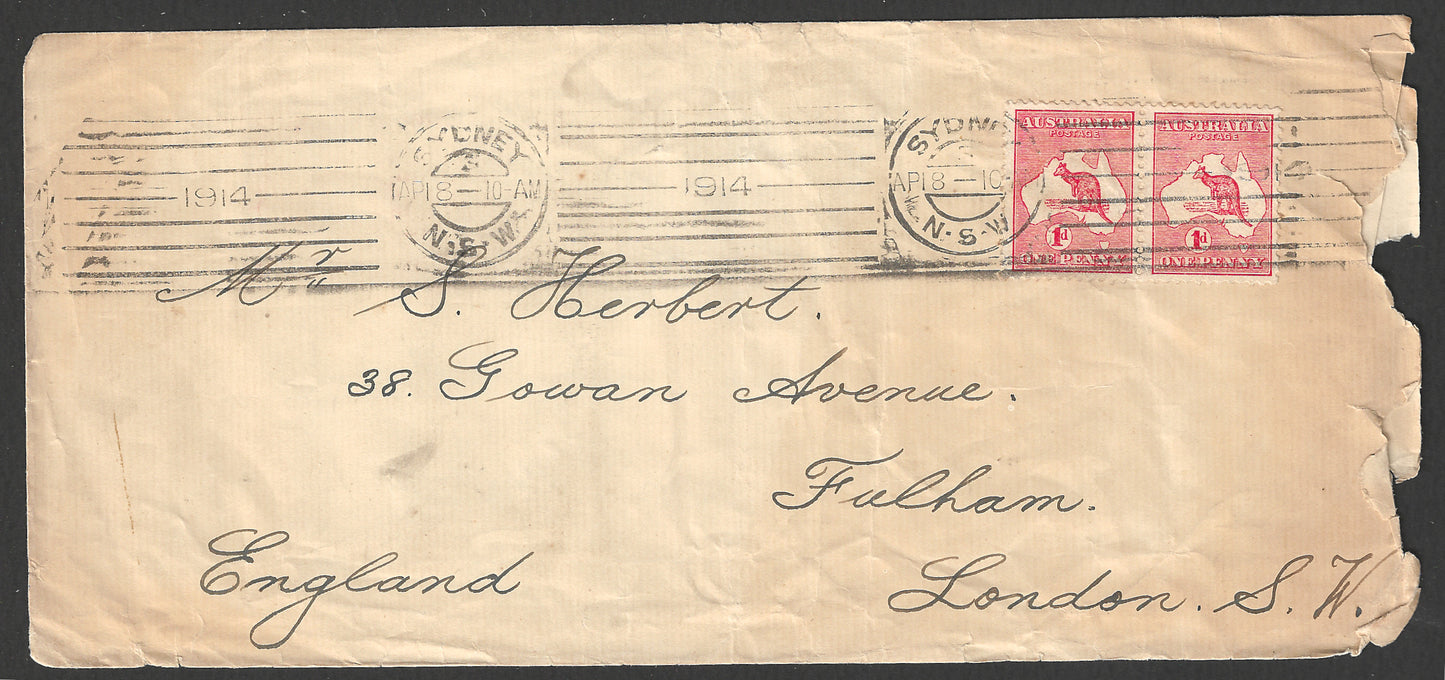Australia Kangooru 1 d stamps in Pair Postally used to London , 1914 - GGG00714