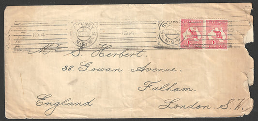 Australia Kangooru 1 d stamps in Pair Postally used to London , 1914 - GGG00714