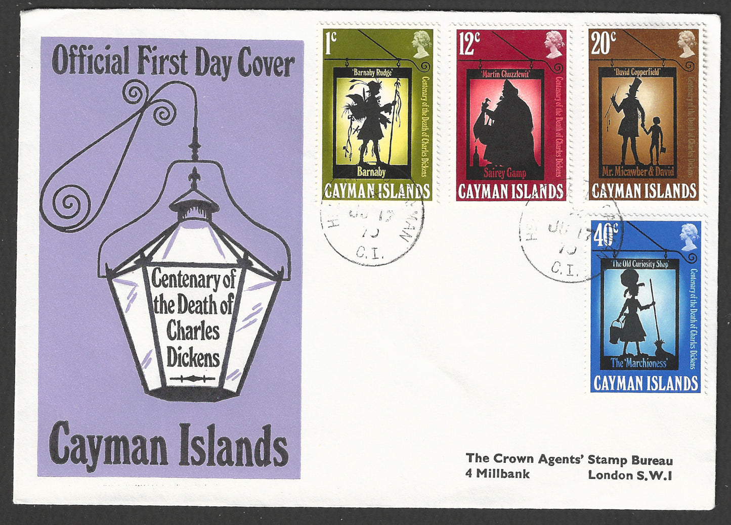 Cayman Islands stamps FDC - Centenary of the Death of Charles Dickens, Complete set , 1970    - GGG00732