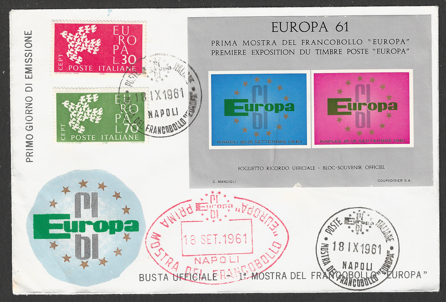 Italy stamps FDC and Imperf MS - Europa , Birds, 1961 - GGG00757