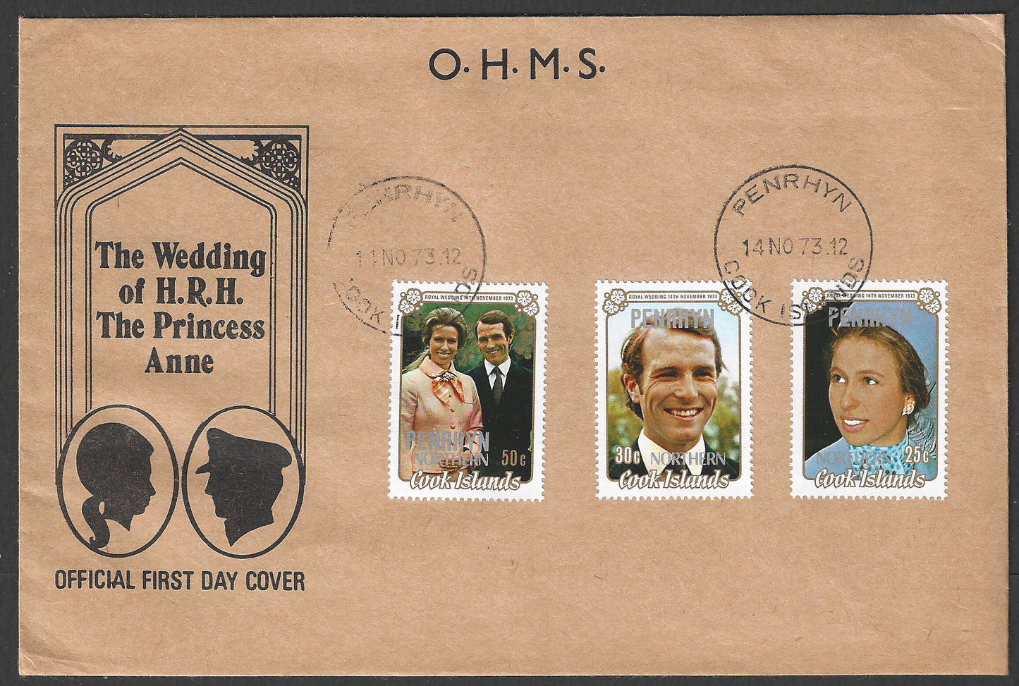 Penrhyn Northern Cook Island stmaps FDC - OHMS The wedding of H R H The Pricess Anne, 1973 - GGG00758