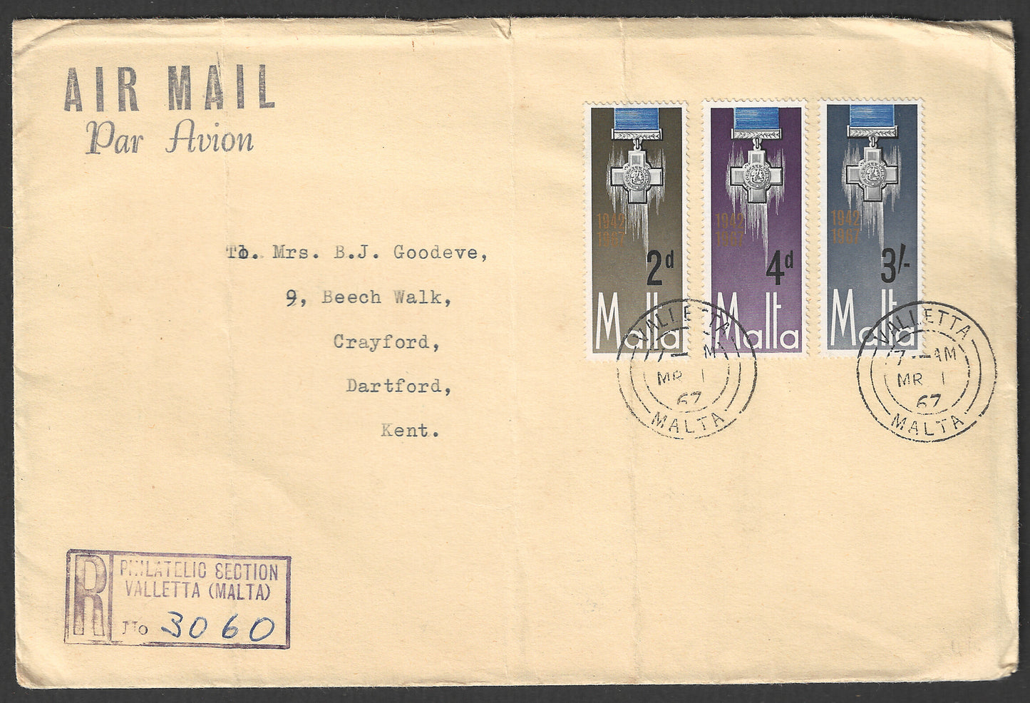Malta stamps FDC George Cross USed via registered Post to Kent, 1967 - GGG00759