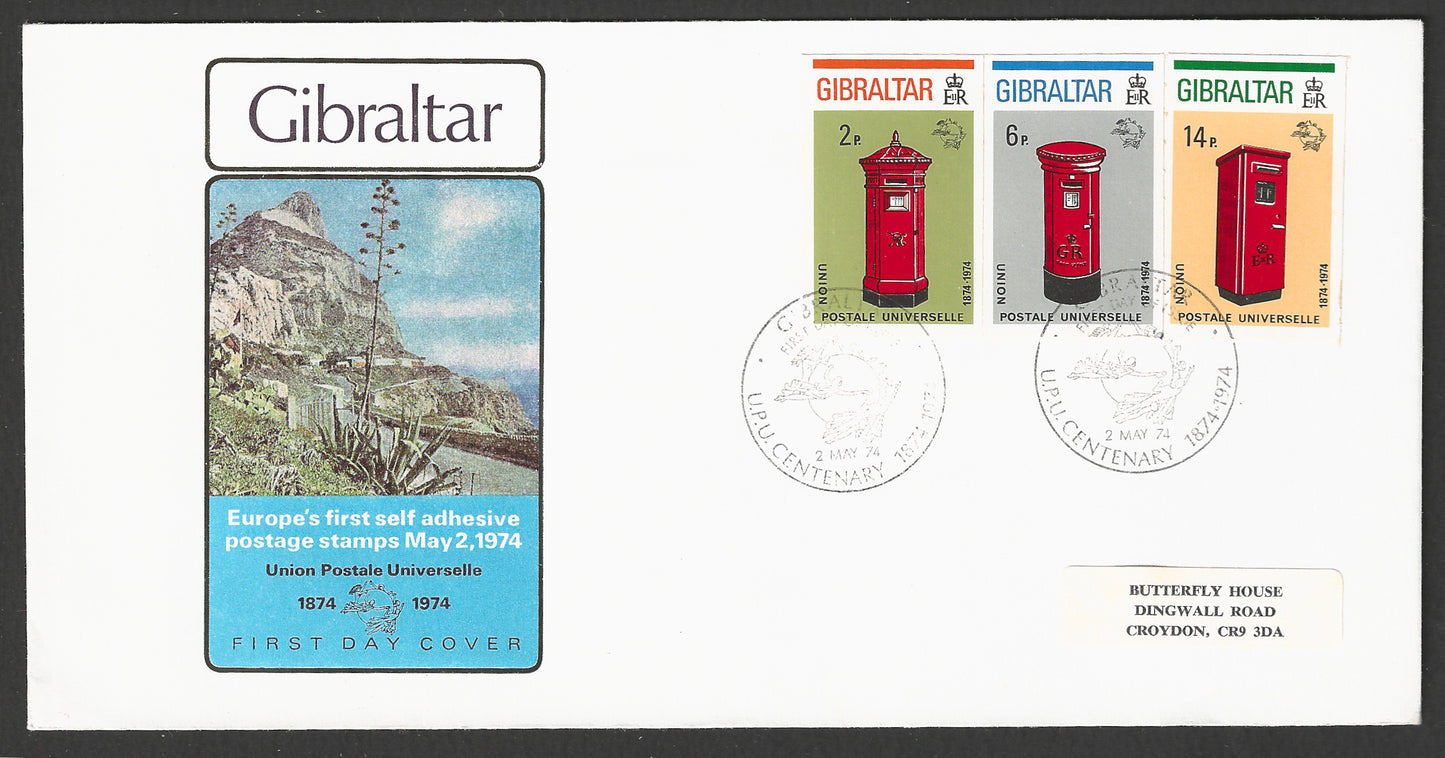 Gibraltar stamps FDC - Europe's First Self Adhesive Postage Stamps , UPU , Post Box, 1974 - GGG00780