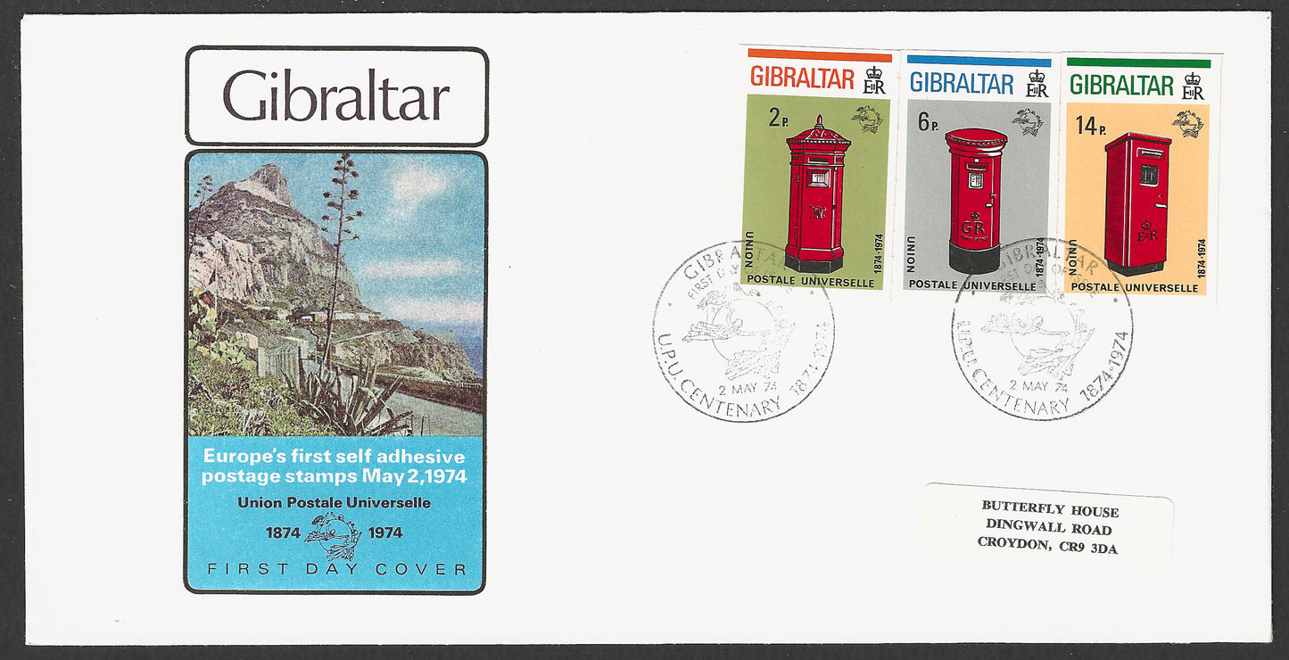 Gibraltar stamps FDC - Europe's First Self Adhesive Postage Stamps , UPU , Post Box, 1974 - GGG00781
