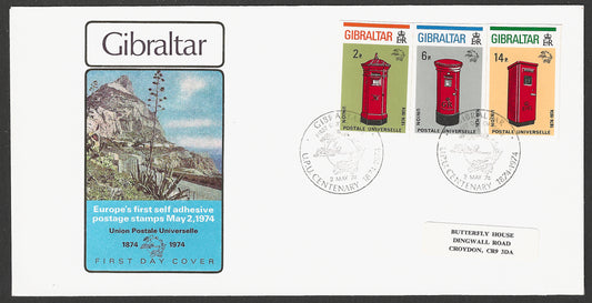 Gibraltar stamps FDC - Europe's First Self Adhesive Postage Stamps , UPU , Post Box, 1974 - GGG00781