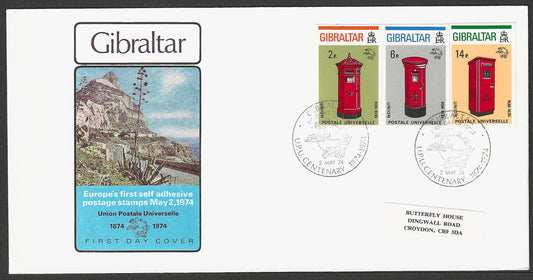 Gibraltar stamps FDC - Europe's First Self Adhesive Postage Stamps , UPU , Post Box, 1974 - GGG00782