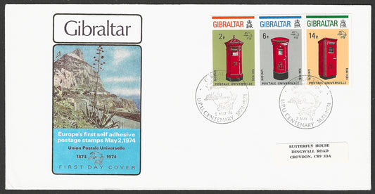 Gibraltar stamps FDC - Europe's First Self Adhesive Postage Stamps , UPU , Post Box, 1974 - GGG00783