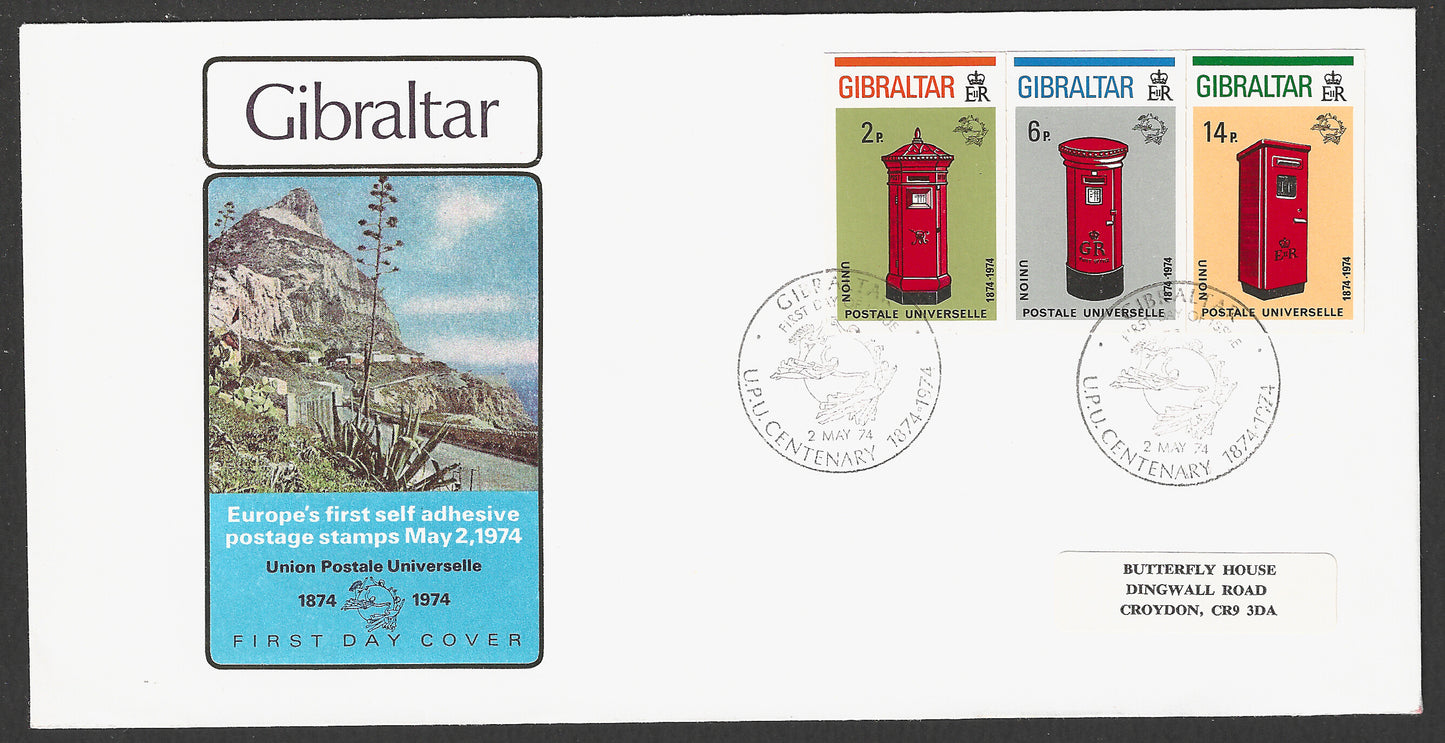 Gibraltar stamps FDC - Europe's First Self Adhesive Postage Stamps , UPU , Post Box, 1974 - GGG00784