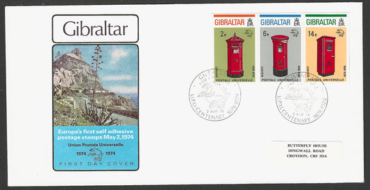 Gibraltar stamps FDC - Europe's First Self Adhesive Postage Stamps , UPU , Post Box, 1974 - GGG00784