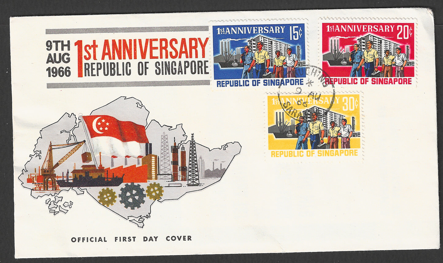 Singapore stamps FDC - 1st Anniversary of Republic complete set , 1966 - GGG00795