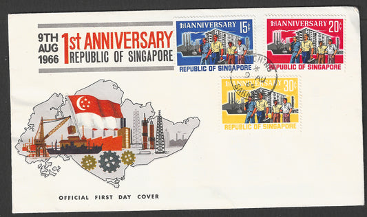 Singapore stamps FDC - 1st Anniversary of Republic complete set , 1966 - GGG00795