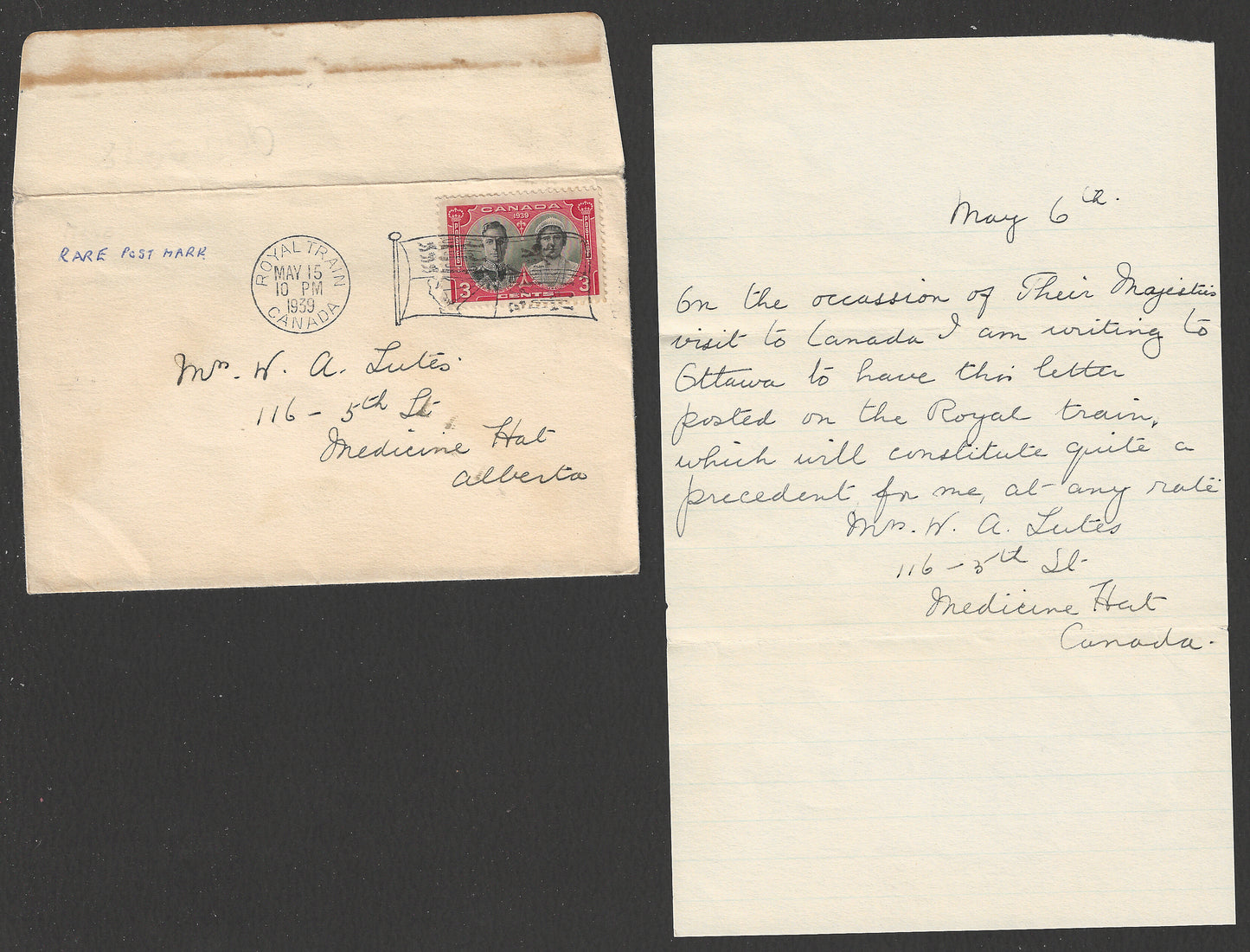 Canada 1939 Special Royal Train Cancellation with hand wriiten Lettr by Mr/ Mrs. W. A LutesVery Rare - GGG00978
