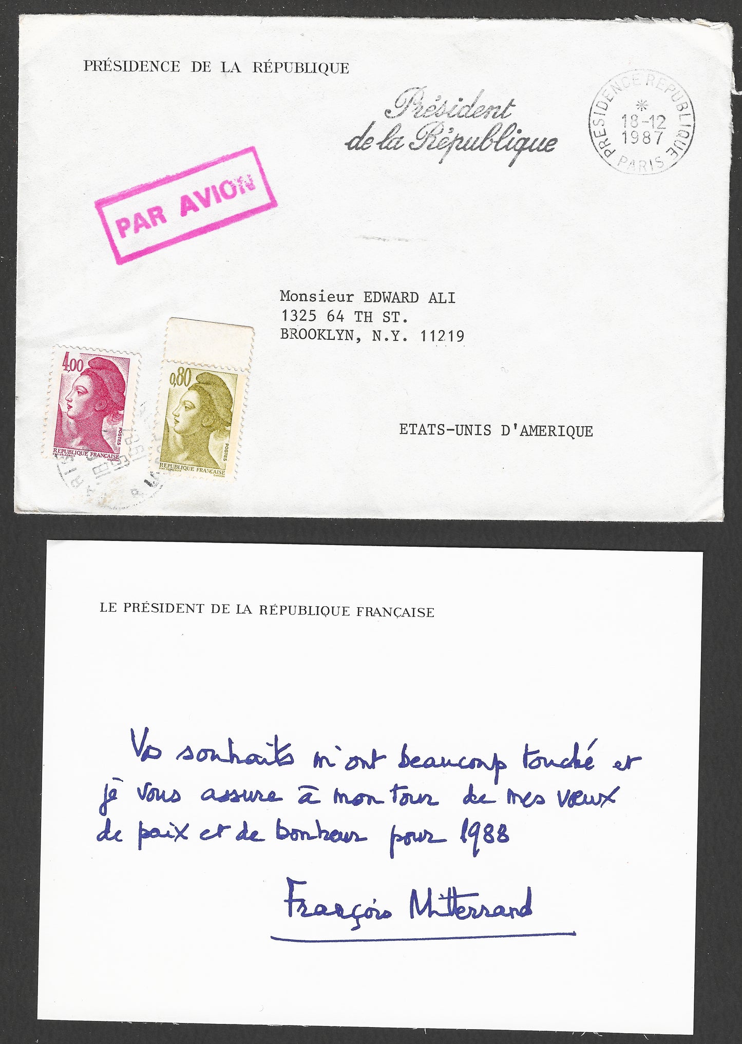 Official Postally used cover with official Post Card written by the French President Francois Mitterrand, 1987. Extremely Rare - GGG01751