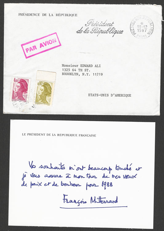 Official Postally used cover with official Post Card written by the French President Francois Mitterrand, 1987. Extremely Rare - GGG01751
