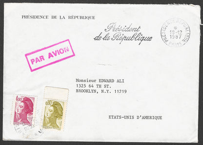 Official Postally used cover with official Post Card written by the French President Francois Mitterrand, 1987. Extremely Rare - GGG01751