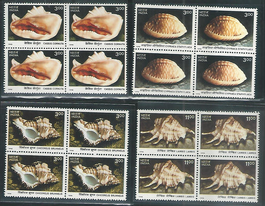 India Stamps – Block of 4 – International Year of Ocean Sea Shells of Andama and Nicobar Islands, C S, Mint, 1998 – INBLK0409