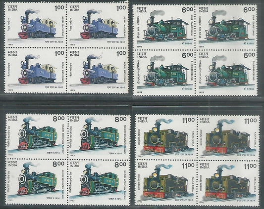 India Stamps – Block of 4 – Mountain Locomotives, Complete set of 4 Values, Mint, 1993 – INBLK0414