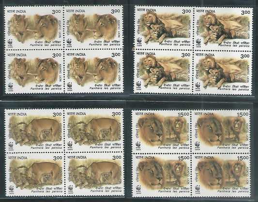 India Stamps – Block of 4 – Endagered Species – Lions – WWF , Complete set of 4 Values, 1999 – INBLK422