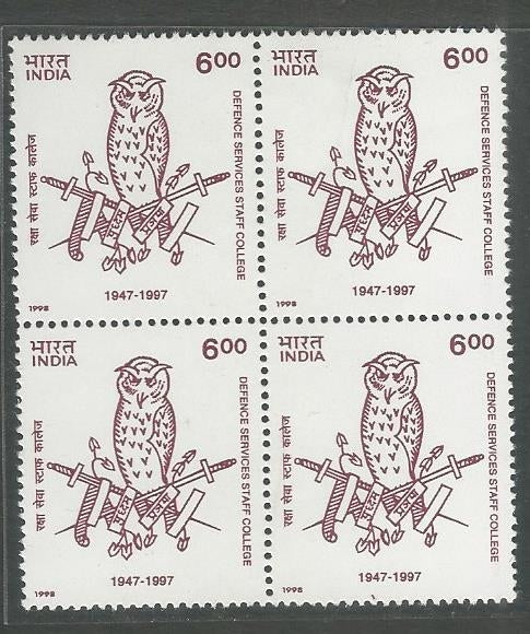 India Stamps – Block of 4 – 50th Anniversary of defence services Staff College, Wellington ( Owl , bird ) , 1998 – INBLK0519