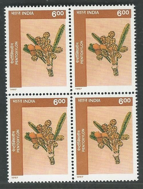 India Stamps – Block of 4 – Fossils – Pentoxylon , Rs. 6 , 1997 – INBLK0569