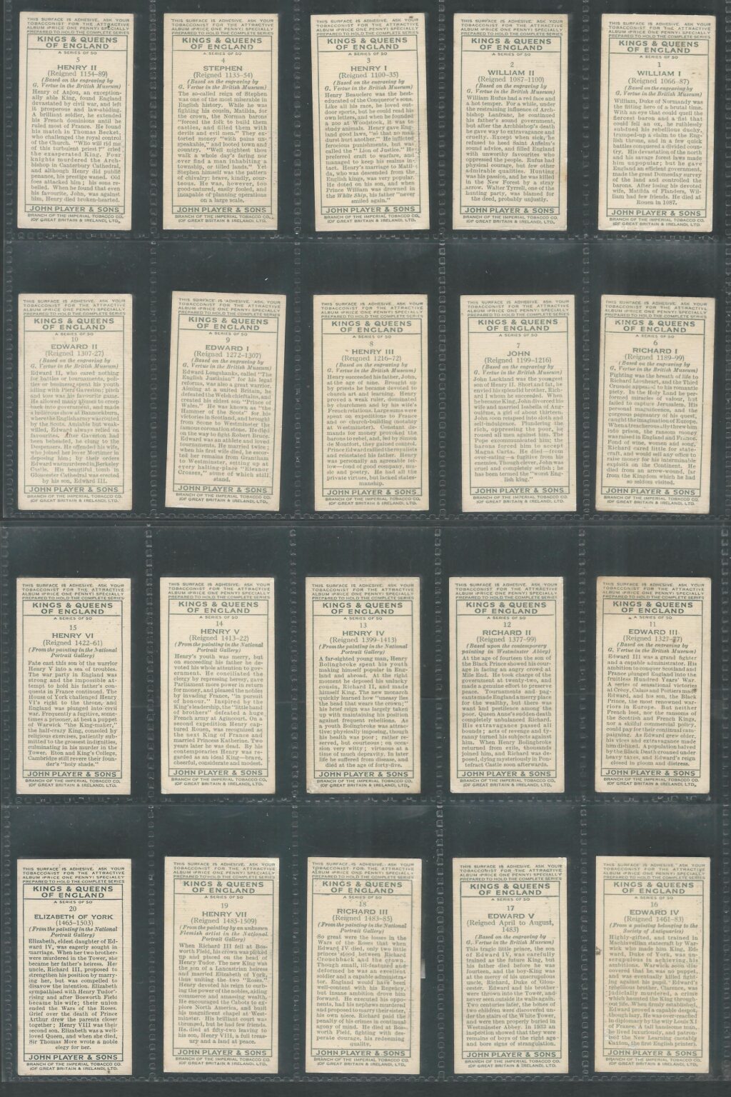 Cinderellas / Labels / Players Cigarettes Cards – Kings and Queens of England Complete set of 50 with Description on backside , RAre