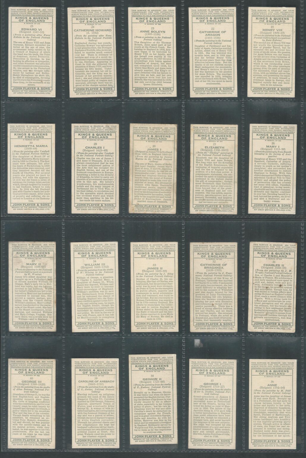 Cinderellas / Labels / Players Cigarettes Cards – Kings and Queens of England Complete set of 50 with Description on backside , RAre