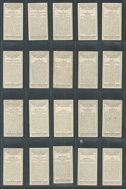 Cinderellas / Labels / Players Cigarettes Cards – Kings and Queens of England Complete set of 50 with Description on backside , RAre