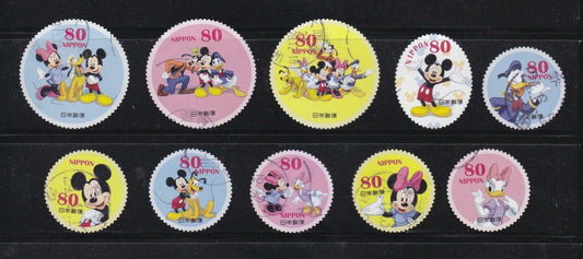 JAPAN 2012 MICKEY MOUSE & MINNIE DISNEY 80 YEN COMP. SET OF 10 STAMPS FINE USED - MSR0113