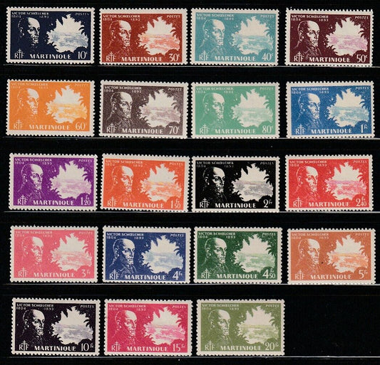 Martinique stamps – Victor Schcelcher – Map Theme – 1945 Sc # 198-216 Complete set VLH XF OG - MSR0126