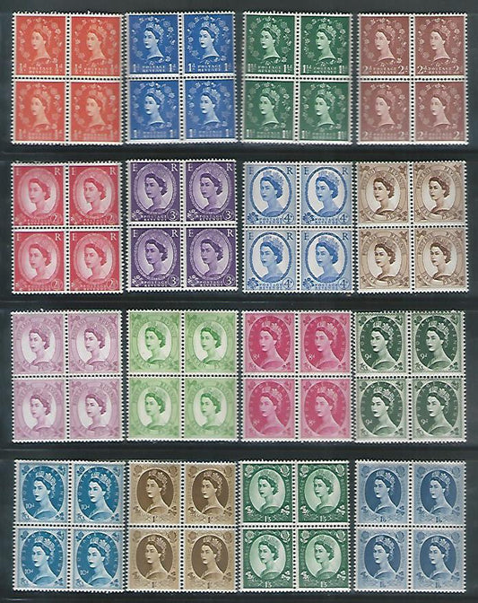 Great Britian stamps – Queen Elizebath II – Wildings 1960 Phosphor Definitve Set – fine MNH Block of 4 . Rare