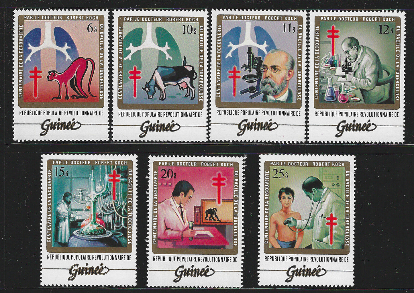 Guinee stamps Complete set of 7 Values - Medical , Scientists Theme - 100th anniversaryof Discovery of Tubercle Bacillus ( TB ) , 1983. C V 20 $.  - MSR2643