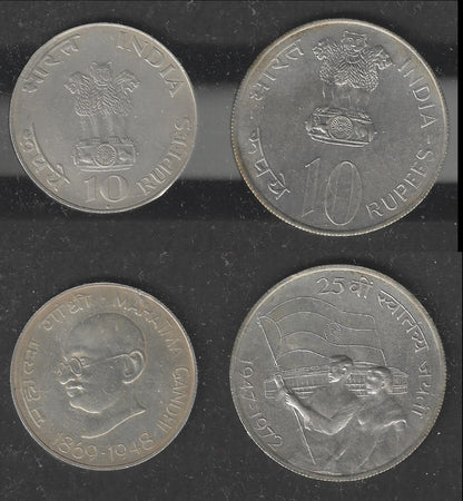 Republic India Silver Coins - Gandhi rs. 10 and 1972 Rs. 10 with Flag - special Lot 29