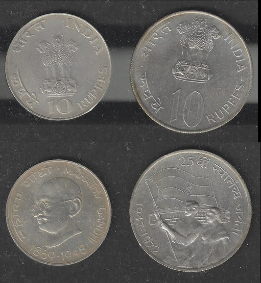 Republic India Silver Coins - Gandhi rs. 10 and 1972 Rs. 10 with Flag - special Lot 29