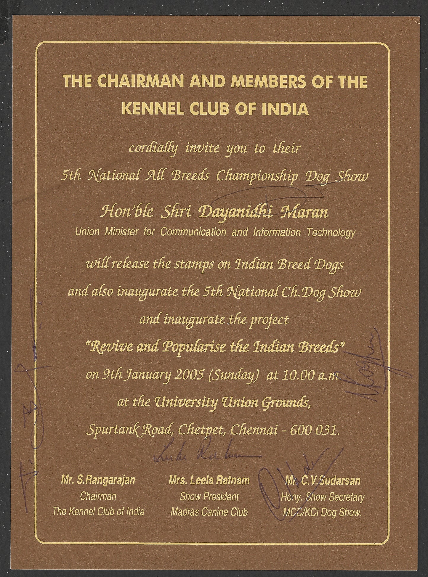 India - Invitation on Breeds of Dogs with 11 Persons Autographed . Extremely Rare, 2005 - DSA0490