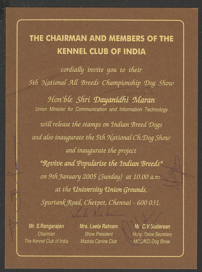 India - Invitation on Breeds of Dogs with 11 Persons Autographed . Extremely Rare, 2005 - DSA0490