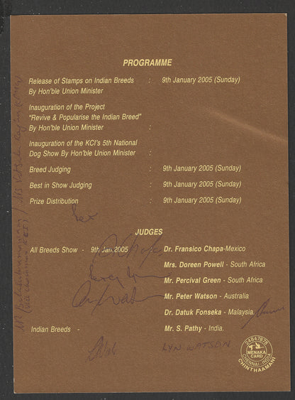 India - Invitation on Breeds of Dogs with 11 Persons Autographed . Extremely Rare, 2005 - DSA0490